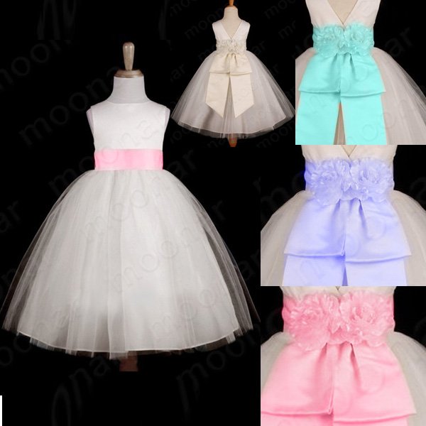 Sleeveless A-line White Satin Tulle Junior Bridesmaid Dress Scoop Neck Pink Ivory Blue Sash Cheap Flower Girl Dress zipper Back