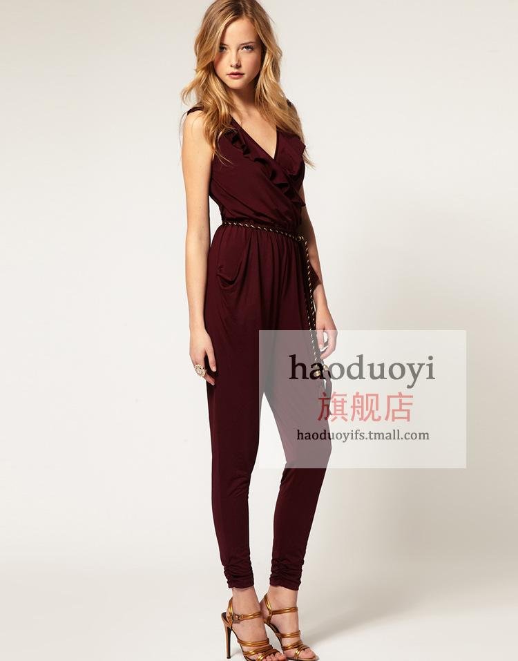 sleeveless playsuit with deep v-neck and ruffles free shipping for epacket and china post air mail