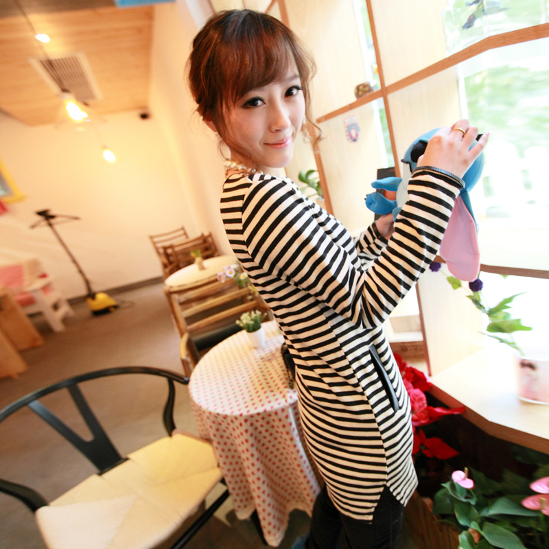 Slim all-match top medium-long leather pocket stripe sweater female frame