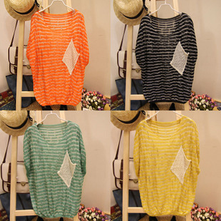 Slim all-match with pockets color block decoration stripe o-neck short-sleeve cutout sweater yarn Women shirt