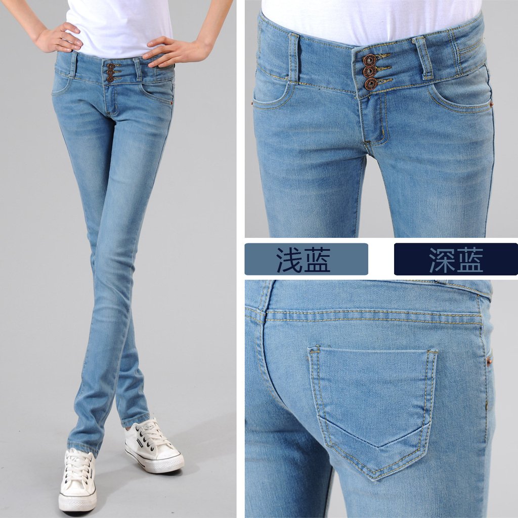 Slim breasted mid waist jeans women's skinny pants pencil pants casual pants Plus size jeans