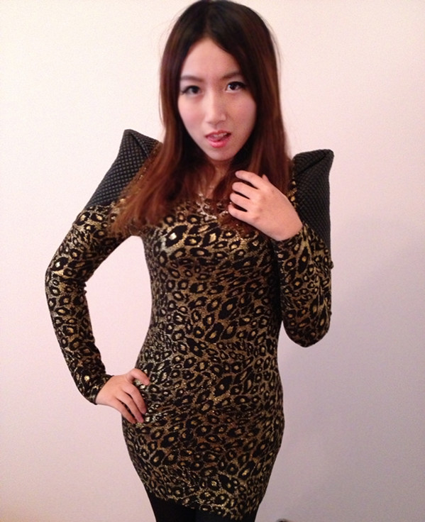 Slim hip slim leopard print leather patchwork women's elegant one-piece dress 602