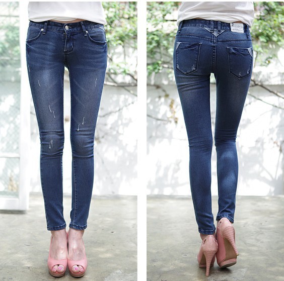 Slim legs 2013 butt-lifting Dark Blue distrressed denim skinny pants pencil pants trousers 43958