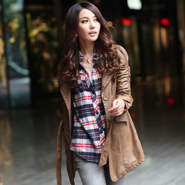 Slim long design leather clothing 2012 quality water wash PU trench top outerwear female plus size