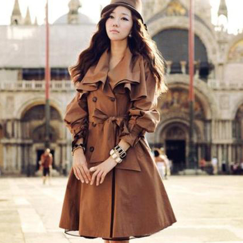 slim outerwear medium-long trench double breasted long-sleeve sweet solid color elegant ruffle woman windbreaker outerwear coat