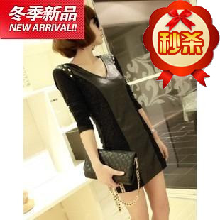 Slim punk lace patchwork rivet long-sleeve leather one-piece dress 10S