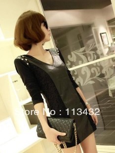 Slim sexy slim hip leather skirt lace basic skirt long-sleeve dress