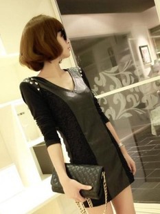 Slim sexy slim hip leather skirt lace basic skirt long-sleeve dress