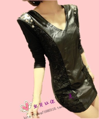 Slim sexy slim hip leather skirt lace basic skirt long-sleeve dress autumn