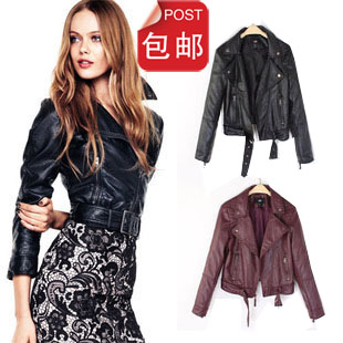 Slim short design check hm leather clothing PU thickening female jacket motorcycle outerwear female Wine red plus size