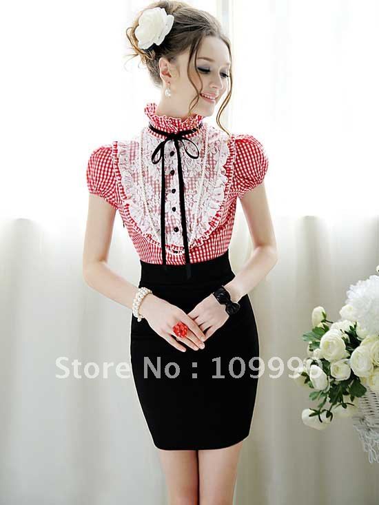 Slim Skinny Red Plaid splicing lace short-sleeve elegant party women decorated flounce new sheath sexy OL office lady dresses
