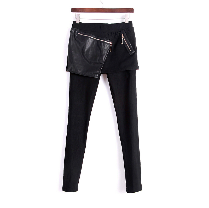 Slim stovepipe faux two piece skorts elastic leather legging female skinny pants pencil pants Female
