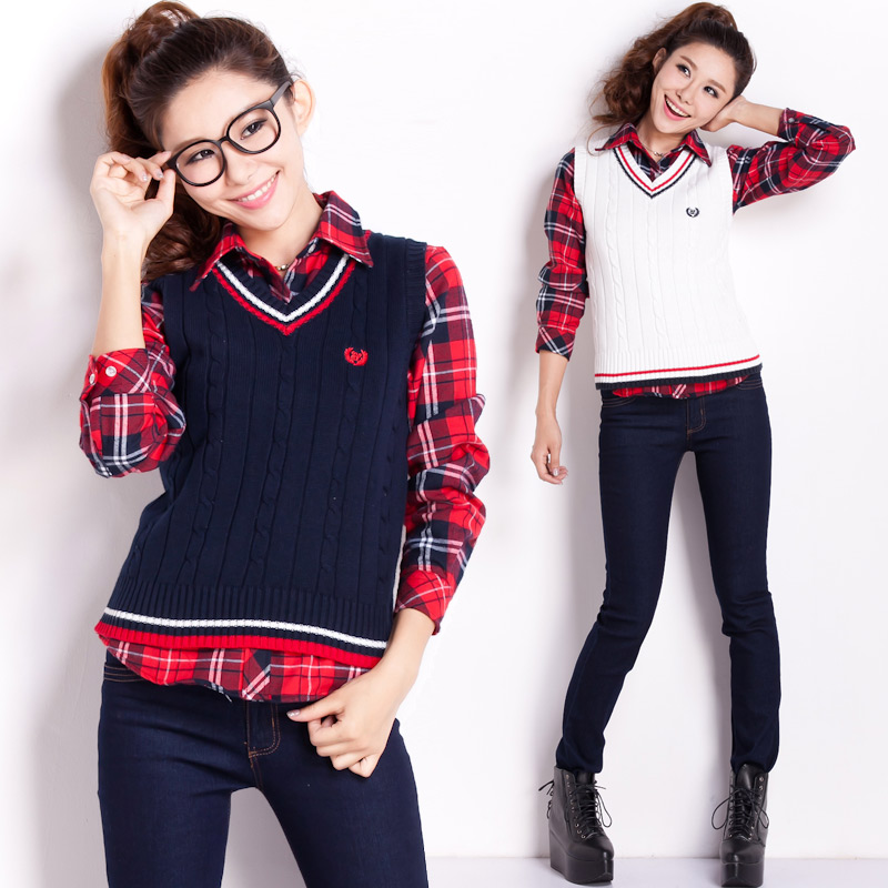 Slim sweet preppy style women's V-neck pullover thickening 100% cotton sweater vest