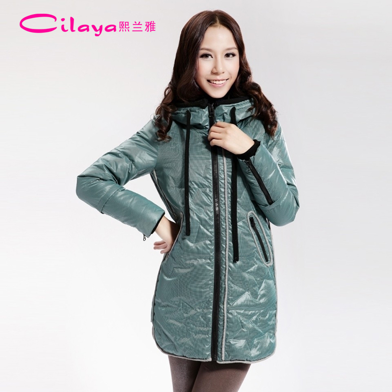 Slim thin check zipper cuff with a hood long design down coat female 11731