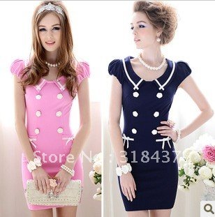 Slim tight double breasted bubble short-sleeve plus size OL outfit elegant one-piece dress
