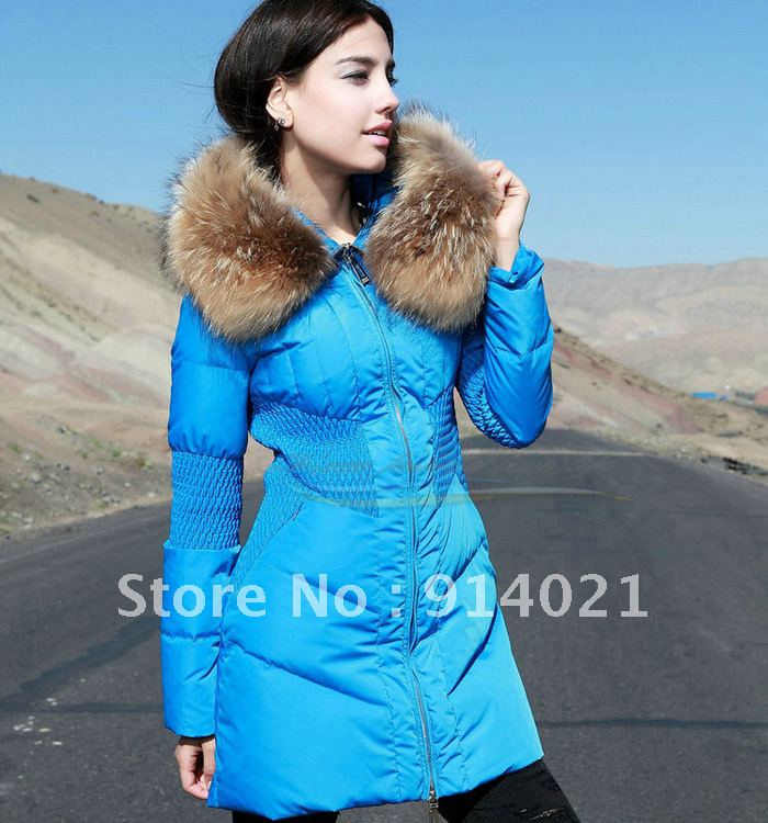 Slim waist  medium-long down coat women's 2012 ultra large raccoon fur collar fashion outerwear,popular in Europe and America