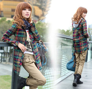Slim waist with a hood plaid shirt thickening women's check shirt outerwear spring and autumn women's