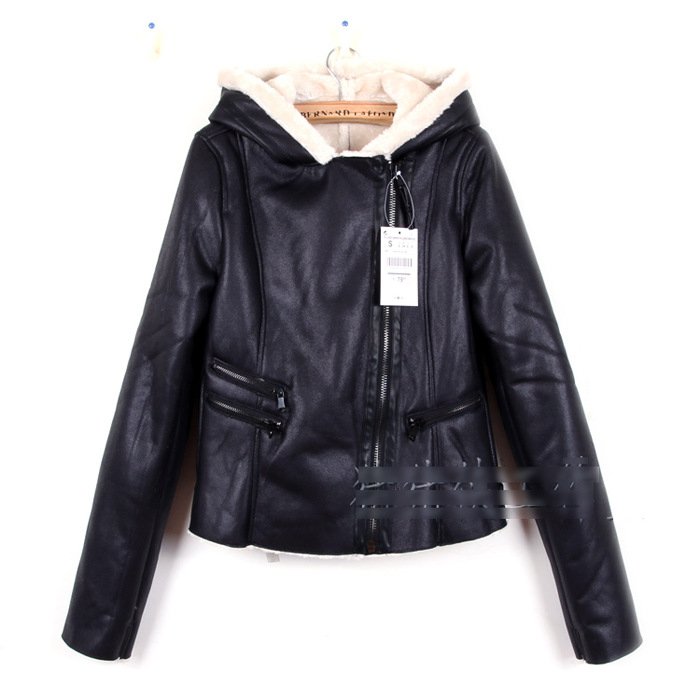 Slim was thin PU Leather Berber Fleece Coat Jacket Women Hooded lint 8818