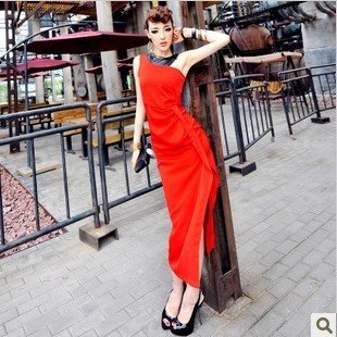 Sloping shoulder PU leather splicing fold side open fork dress sexy in Europe and America skirt red