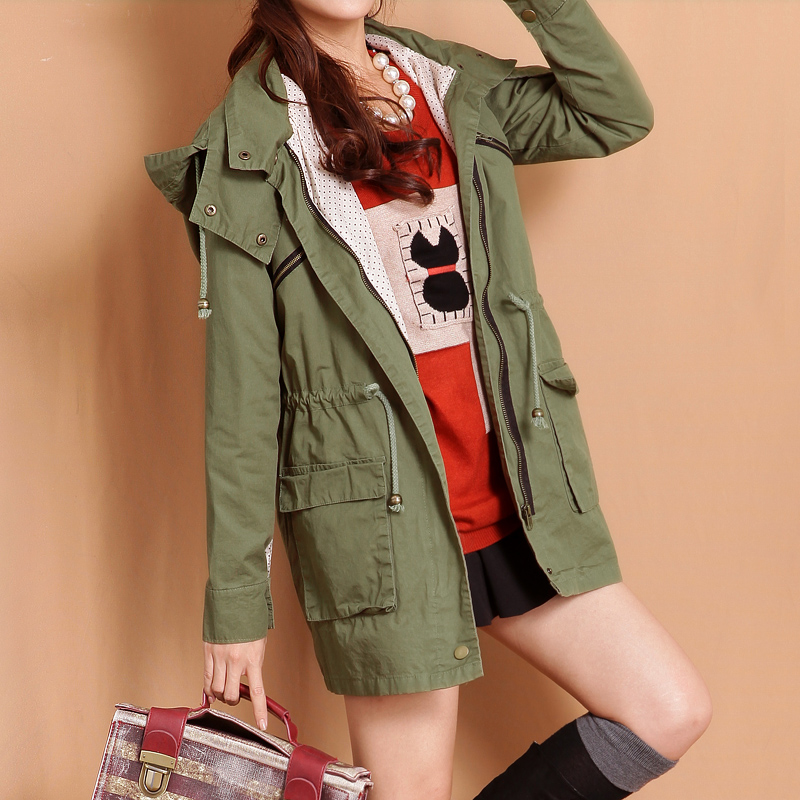 Small 2013 women's elegant with a hood drawstring slim medium-long formal trench outerwear