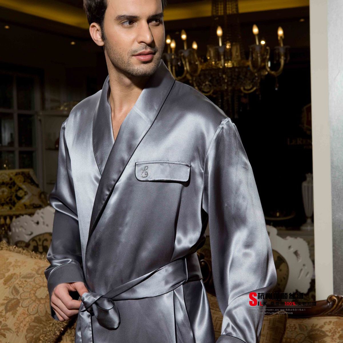 - small amere quality pure silk male lounge robe casual solid color grey bathrobe