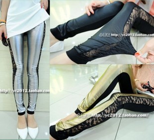 Small bright color faux leather patchwork cutout legging lace slim elastic legging trousers