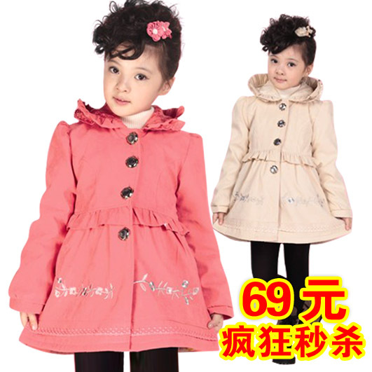 Small child female child fashion autumn and winter plus cotton small overcoat trench with a hood wadded jacket outerwear