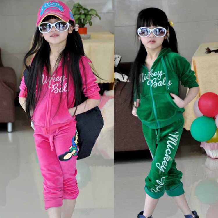 Small female child sports set velvet sweatshirt outerwear long trousers spring and autumn twinset cardigan