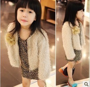 Small female child spring and autumn outerwear child plush children's clothing faux cardigan long-sleeve small dress