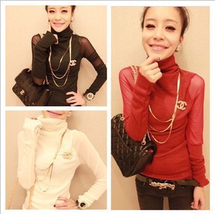 Small female spring gauze lace patchwork sweater turtleneck slim long-sleeve basic shirt female