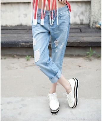 Small female summer fashion loose plus size casual hole denim harem pants ankle length trousers female beggar pants