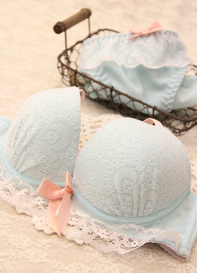 Small fresh lace 3 women's breasted bra underwear set 2018 light blue