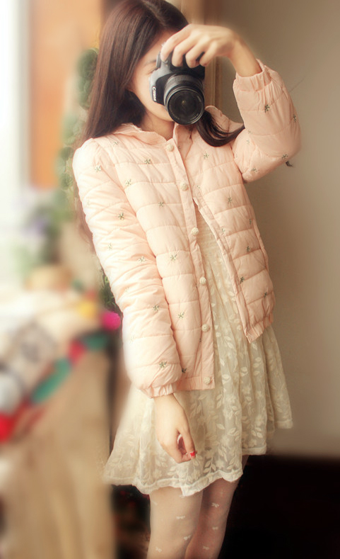 Small fresh pink lace collar peter pan collar small flower embroidery cotton-padded jacket wadded jacket cotton-padded jacket