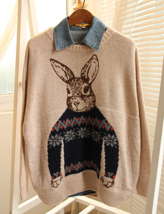 Small fresh rabbit cartoon print wool blending thickening thermal pullover sweater outerwear free shipping