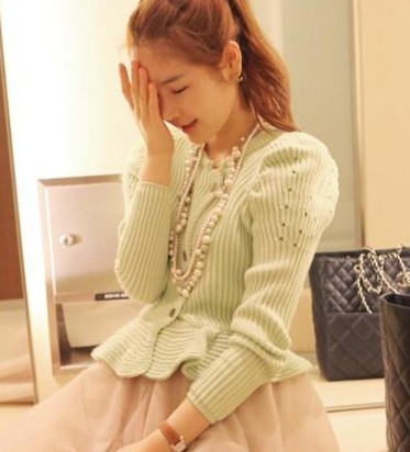 Small fresh ruffle sweep three-dimensional pearl button puff sleeve long-sleeve sweater cardigan