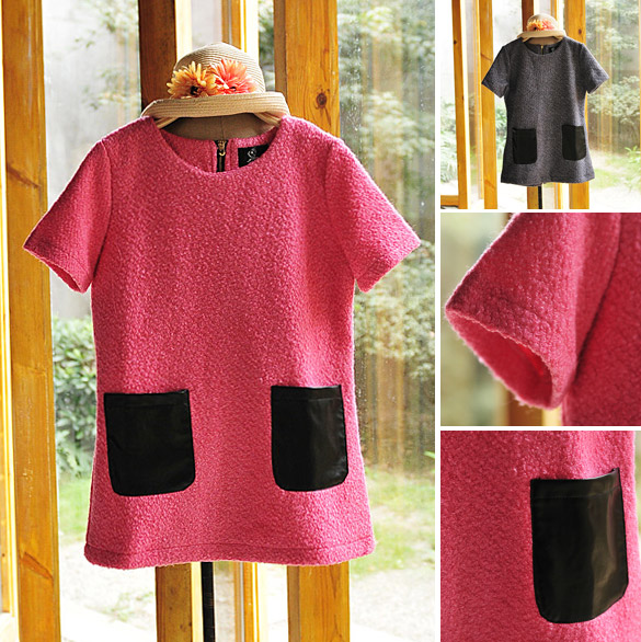 Small fushia faux leather pocket back zipper circle woolen yarn one-piece dress ,Free shipping