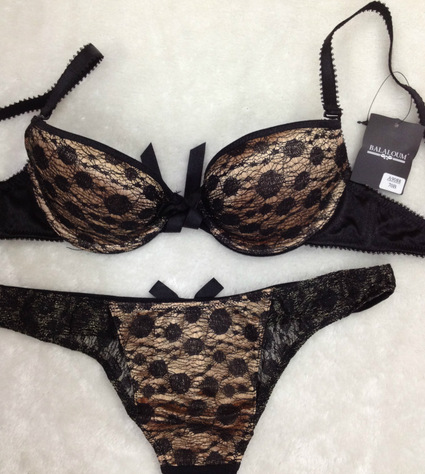 Small gold black lace thick cup underwear set bra 70b75b80b