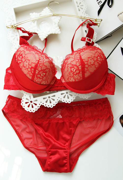 Small lace sexy push up bra adjust underwear set red