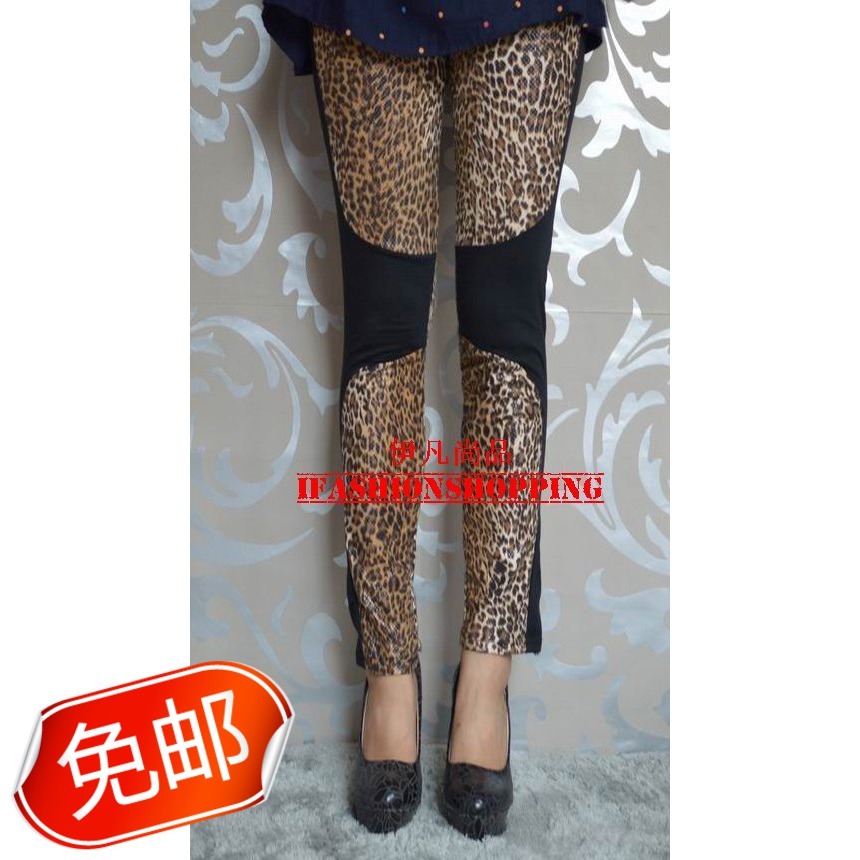 Small leopard print serpentine pattern faux leather patchwork slim hip ankle length legging leggings