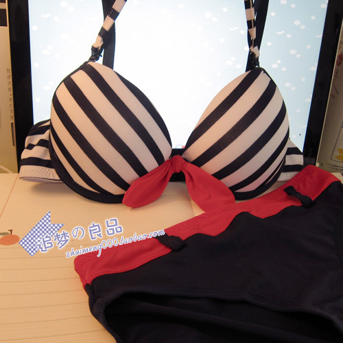Small navy . stripe bikini sexy bow push up underwear bra set navy style bra