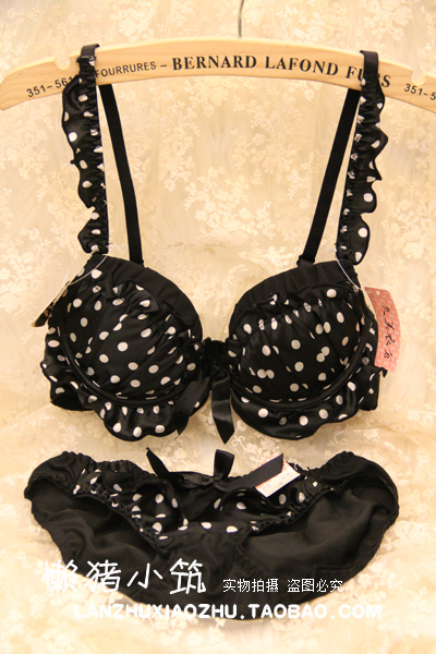 Small ruffle hem polka dot bra women's single-bra underwear set 8033 black