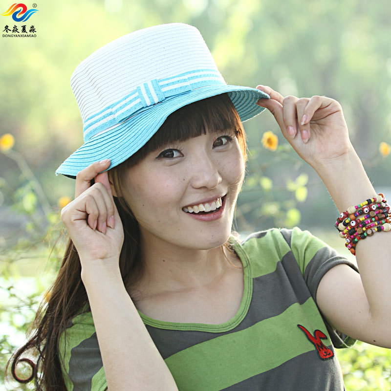 Small strawhat bow straw hat flat fedoras fashion sunbonnet women's hat summer