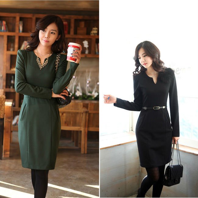 SMALL V-NECK SLIM OL STYLE LONG-SLEEVED DRESS 3575