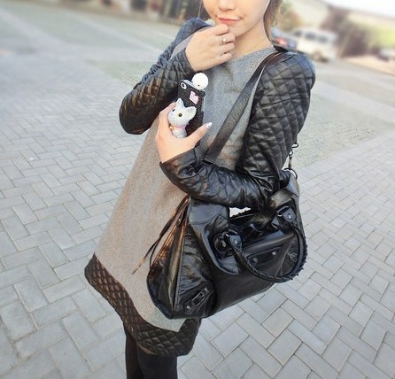 Small women's long-sleeve basic slim patchwork woolen one-piece dress leather skirt