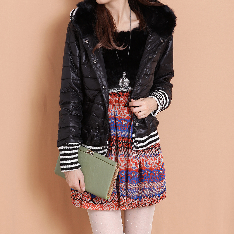 Small women's yarn patchwork rabbit fur with a hood formal cotton clothes outerwear 4
