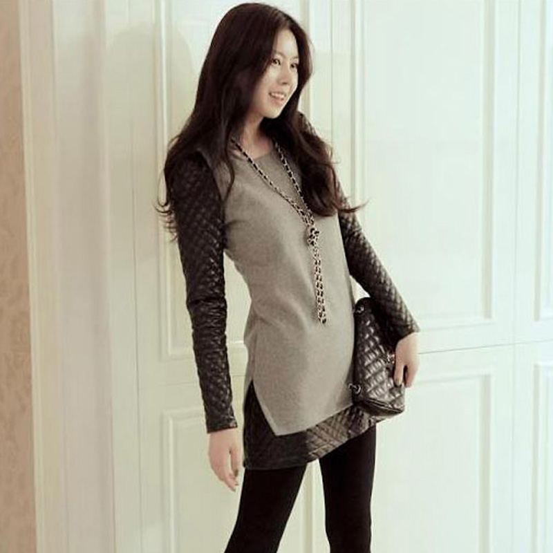 Small woolen patchwork leather shoulder pads female slim all-match elegant one-piece dress