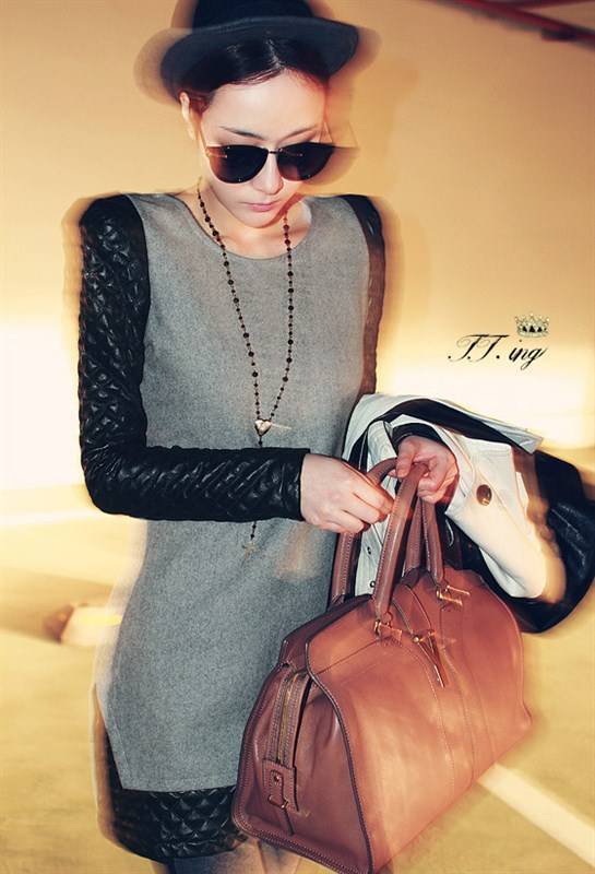 Small woolen patchwork leather slim one-piece dress basic all-match elegant dress 2965