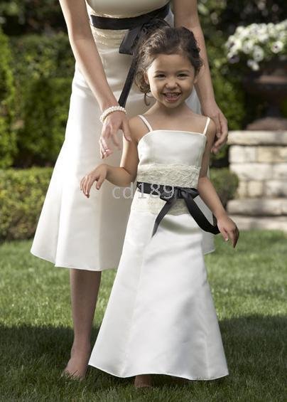 smart A-line lace white & black belt spaghetti straps Satin Flower Grils Dress Custom-made Any color
