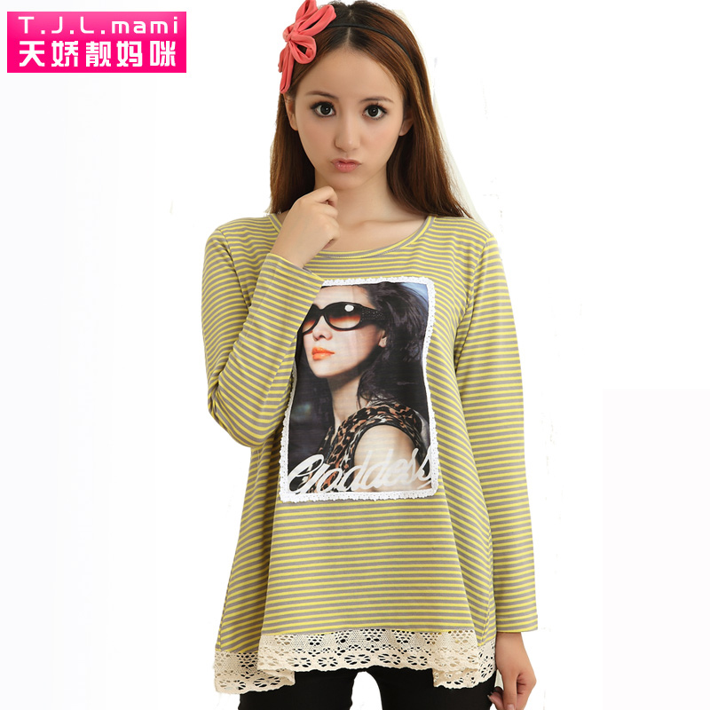 Smarten mommas loose applique head portrait round neck T-shirt fashion stripe autumn maternity long-sleeve T-shirt