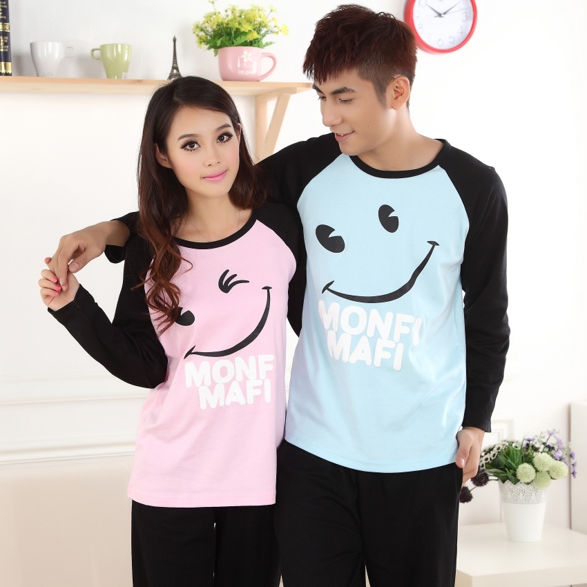Smiley long-sleeve lovers sleepwear cotton male women's sleepwear lounge set autumn and winter long-sleeve sleepwear
